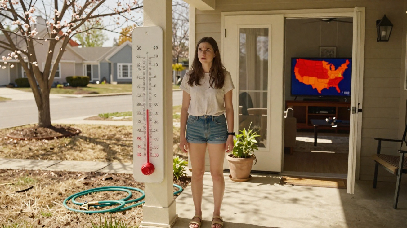 Mulher de camiseta branca e short jeans observa termômetro marcando cerca de 30°C em varanda ensolarada.