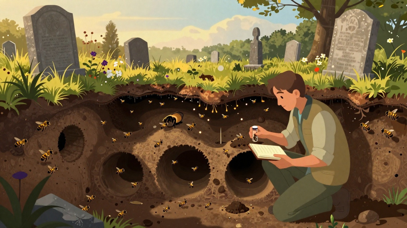 Homem estudando colônia de abelhas em túneis subterrâneos num cemitério com lápides e flores ao fundo.