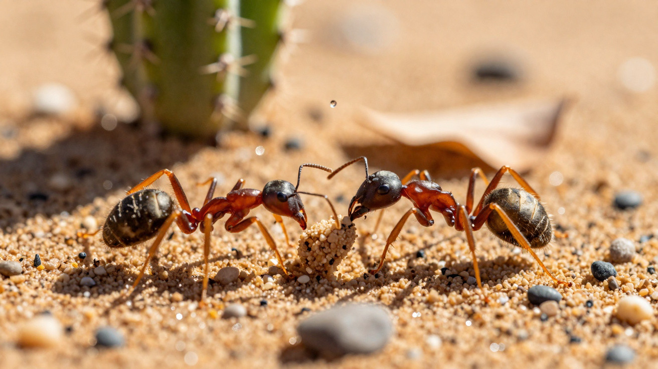 Duas formigas carregam juntas um pedaço de areia em solo arenoso com cacto ao fundo.