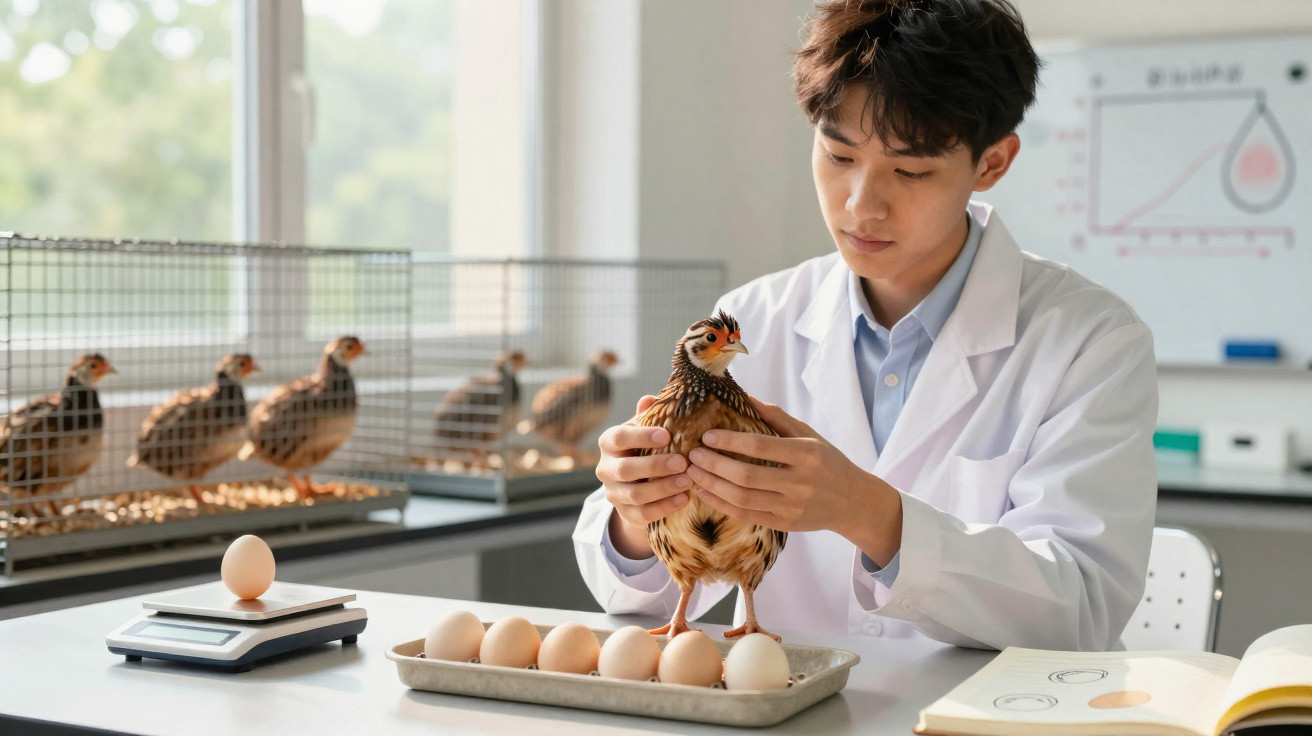 Jovem cientista em laboratório segurando galinha sobre bandeja com ovos ao lado de gaiolas.