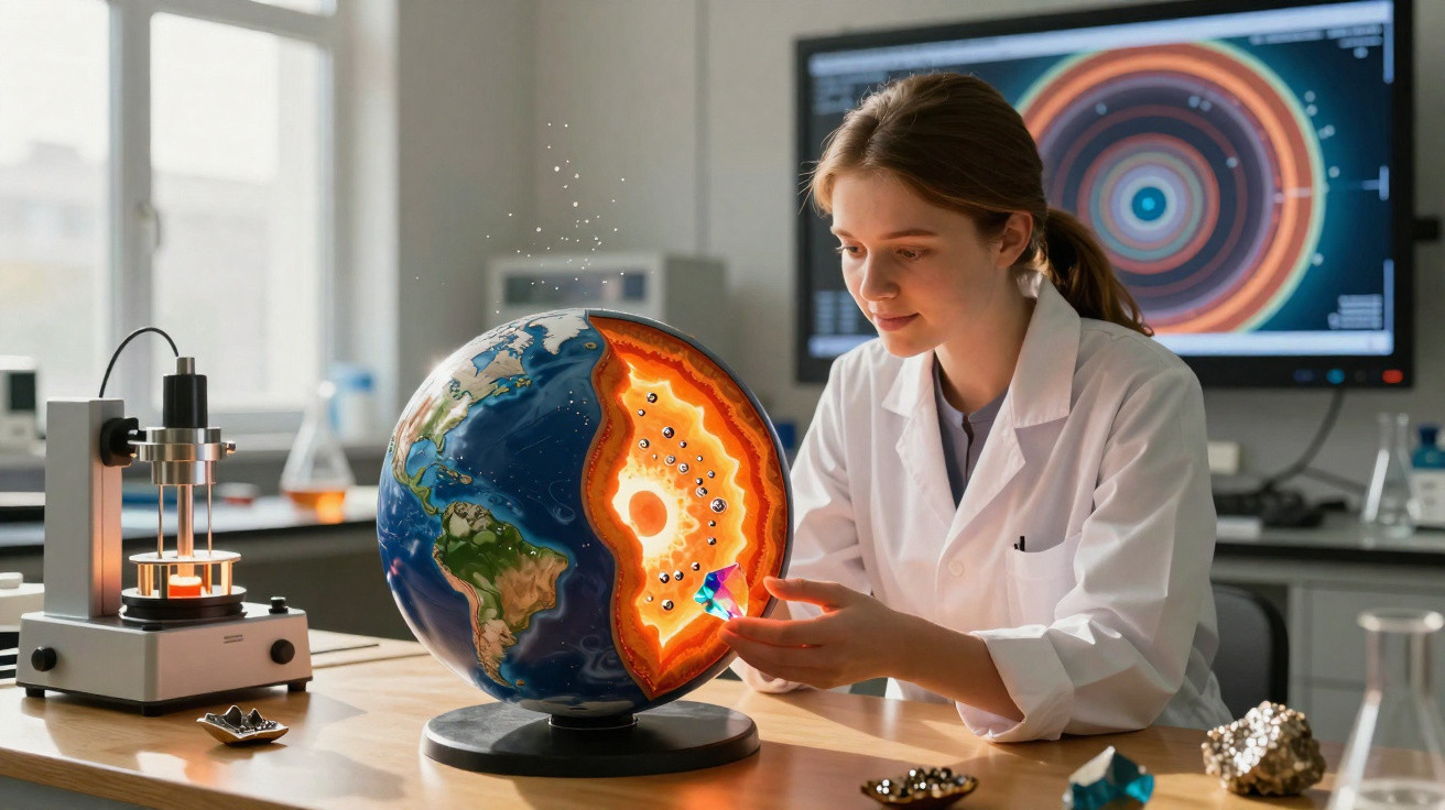 Mulher cientista em laboratório examina modelo iluminado da estrutura interna da Terra.