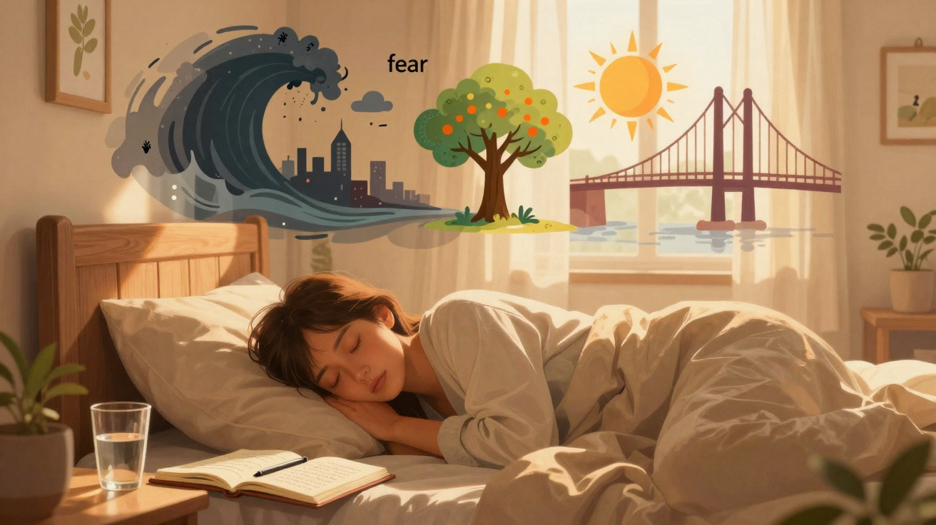 Pessoa dormindo em cama, com ilustrações de onda, árvore, sol e ponte na parede atrás dela.