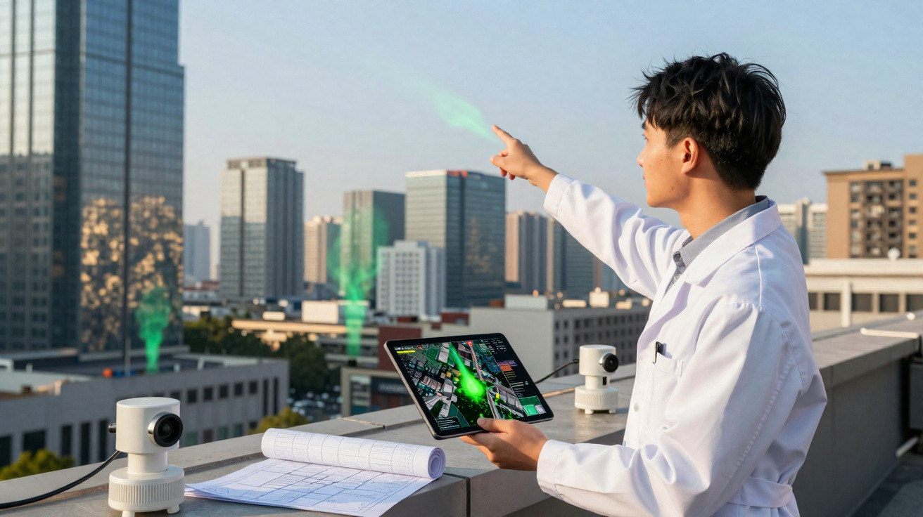 Homem de jaleco branco usando tablet para analisar dados holográficos verdes em área urbana com prédios altos.
