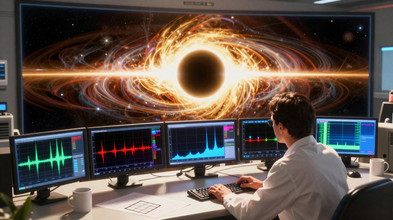 Cientista observa buraco negro em tela grande, com cinco monitores exibindo gráficos coloridos na mesa.