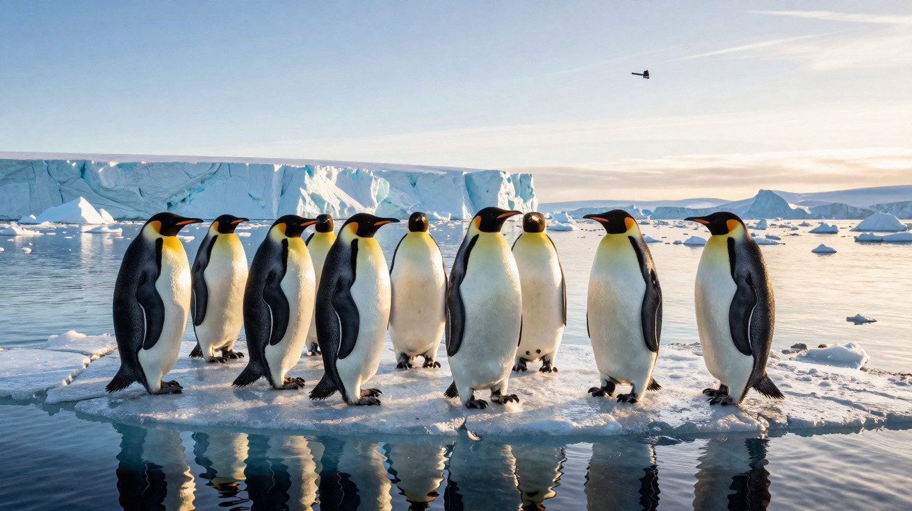 Grupo de pinguins-imperador em um iceberg cercado por águas calmas e gelo na Antártida ao amanhecer.