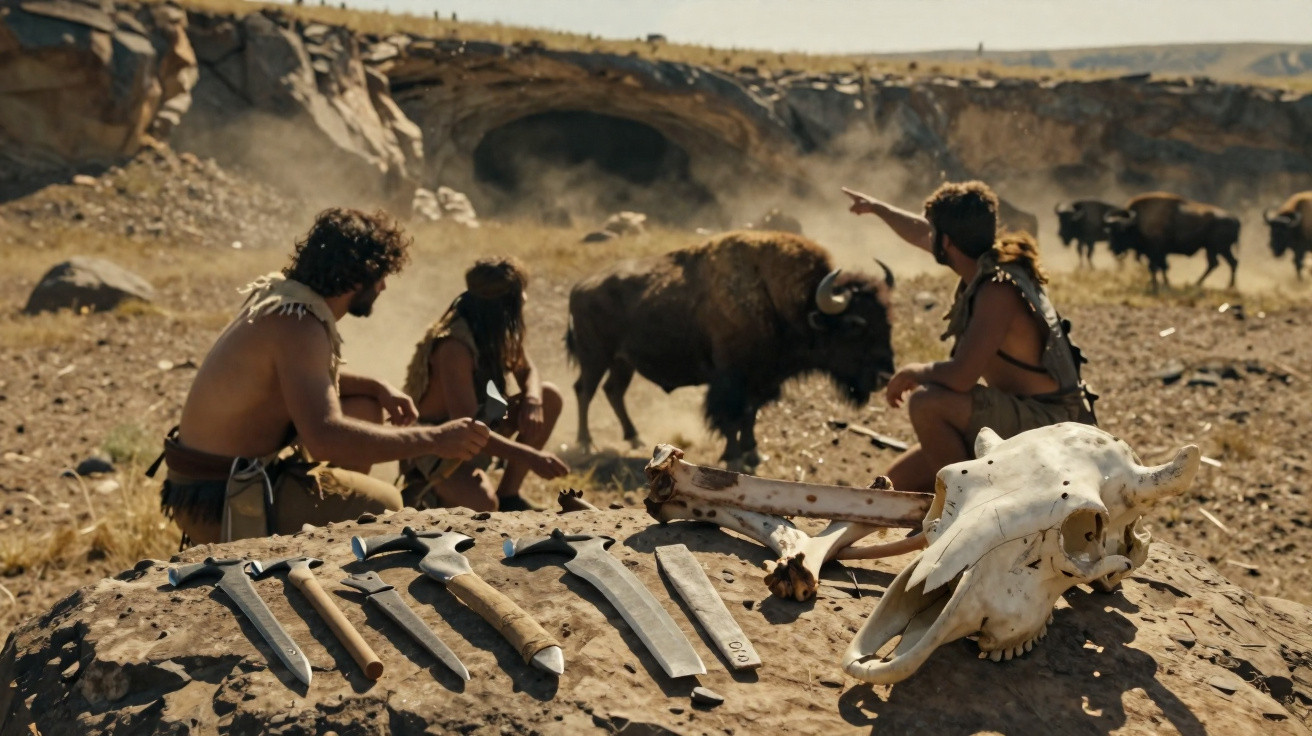 Homens pré-históricos observam bisões ao ar livre com ferramentas de pedra e ossos sobre pedra à frente.