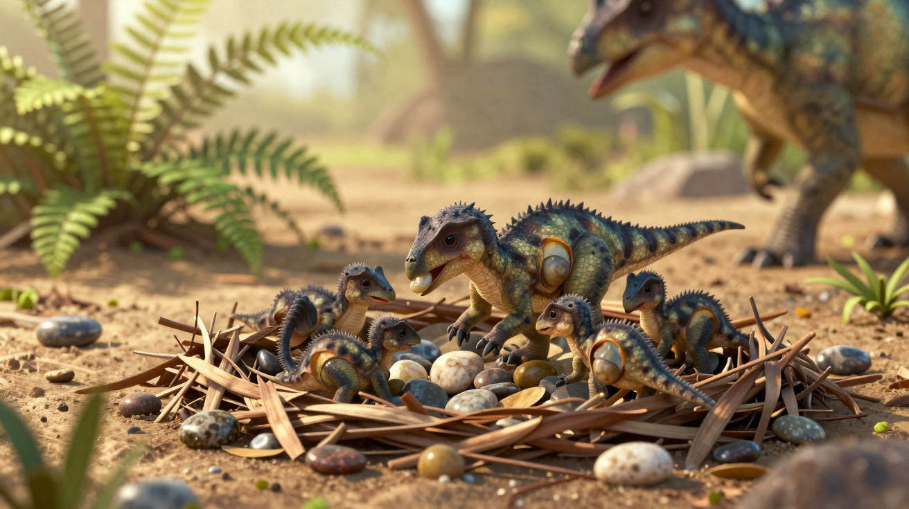 Ninho de dinossauros com filhotes e ovos em ambiente natural com plantas ao fundo.