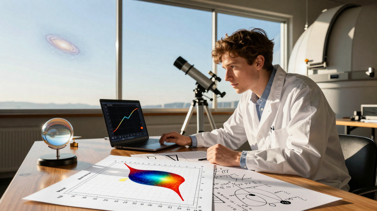 Jovem cientista estuda dados astronômicos com gráficos e telescópio em laboratório com janela ampla.