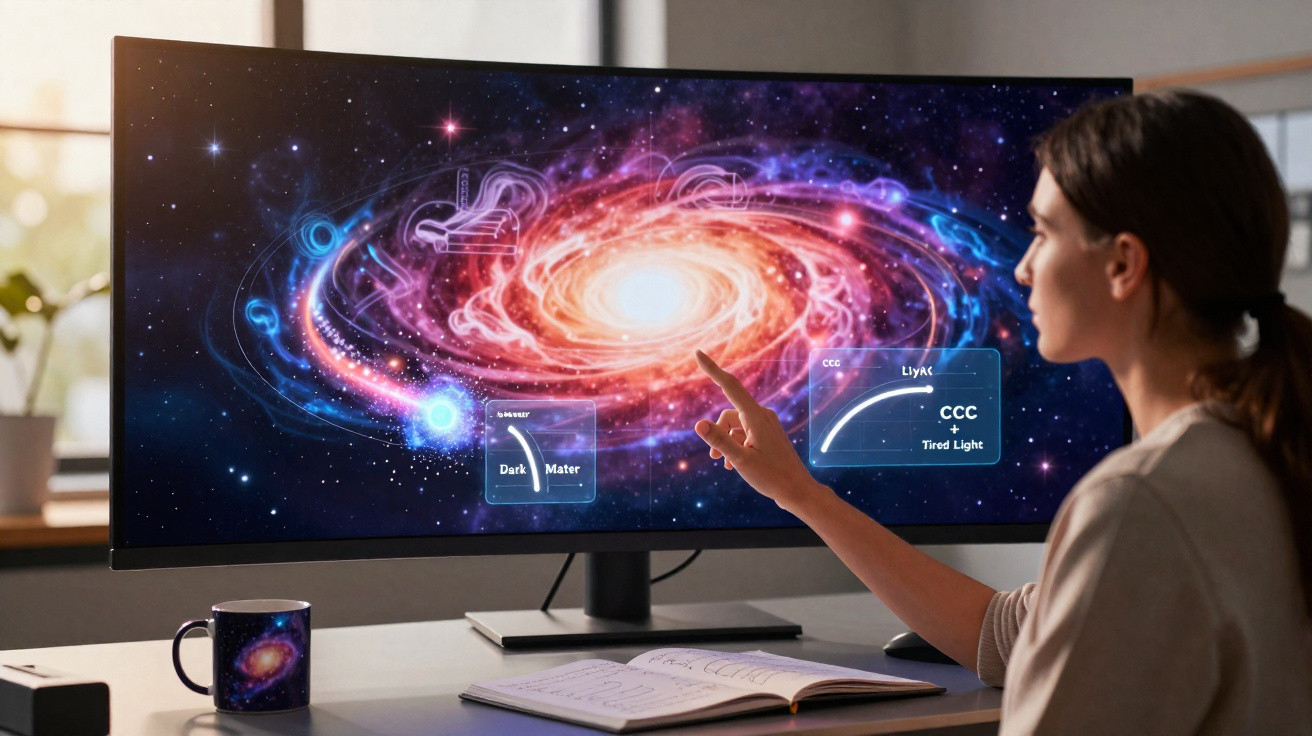 Mulher apontando para tela com simulação digital de galáxia colorida em ambiente de estudo.