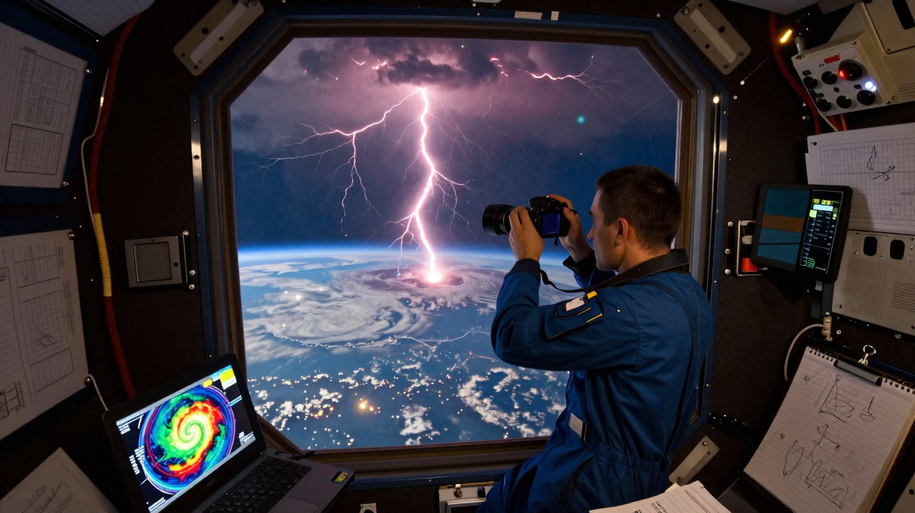 Astronauta fotografa raio sobre a Terra visto de dentro da estação espacial com equipamentos ao redor.