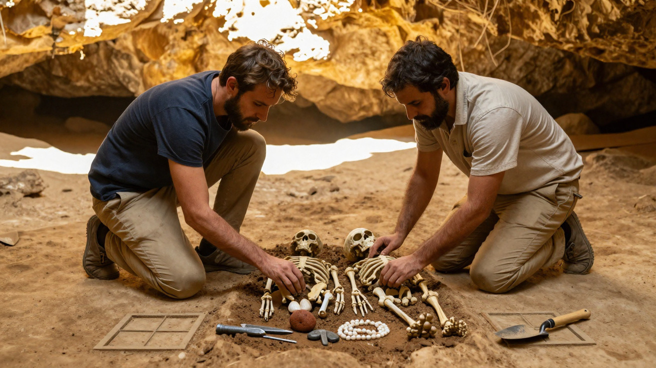 Dois arqueólogos examinando dois esqueletos humanos em escavação arqueológica dentro de uma caverna.