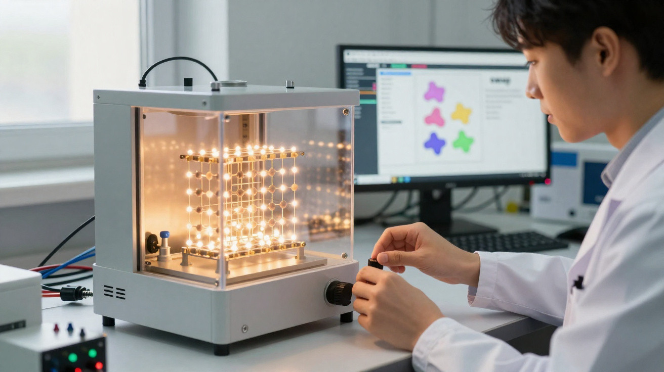 Pesquisador ajusta equipamento com modelo iluminado de estrutura molecular em laboratório moderno.