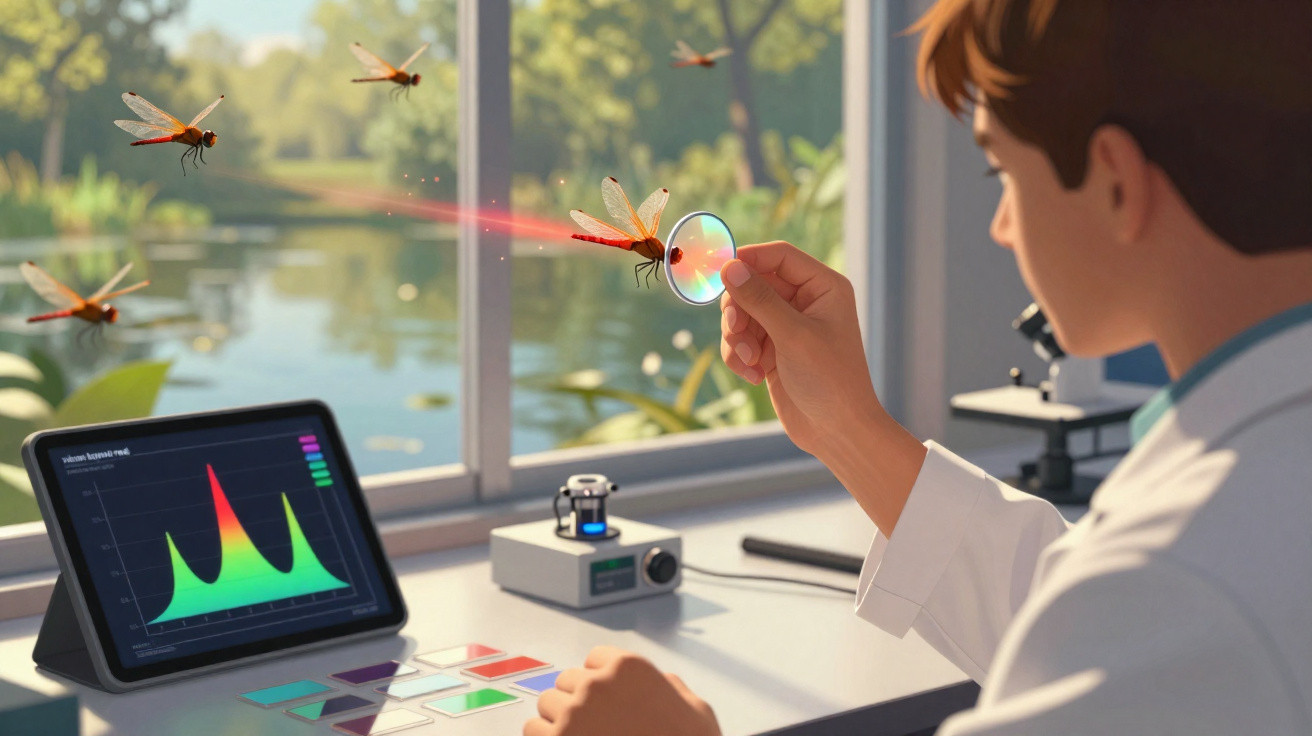 Cientista observa libélula através de lente que emite luz, com gráficos em tablet e microscópio no laboratório.