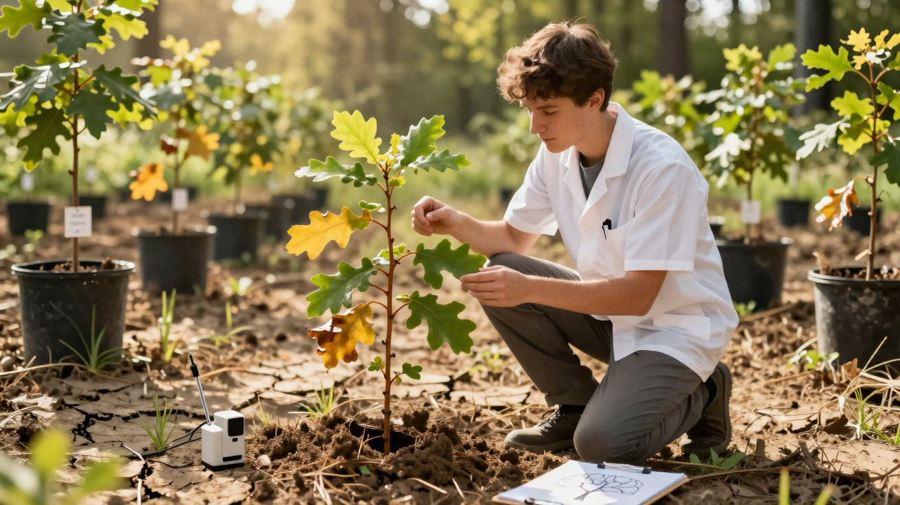 Jovem cientista examina planta jovem em viveiro com várias mudas ao redor em dia ensolarado.