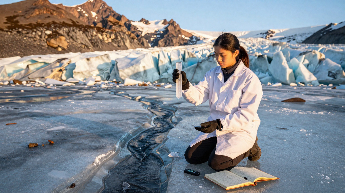 Cientista coleta amostra de gelo em geleira durante pesquisa ambiental em paisagem montanhosa fria.