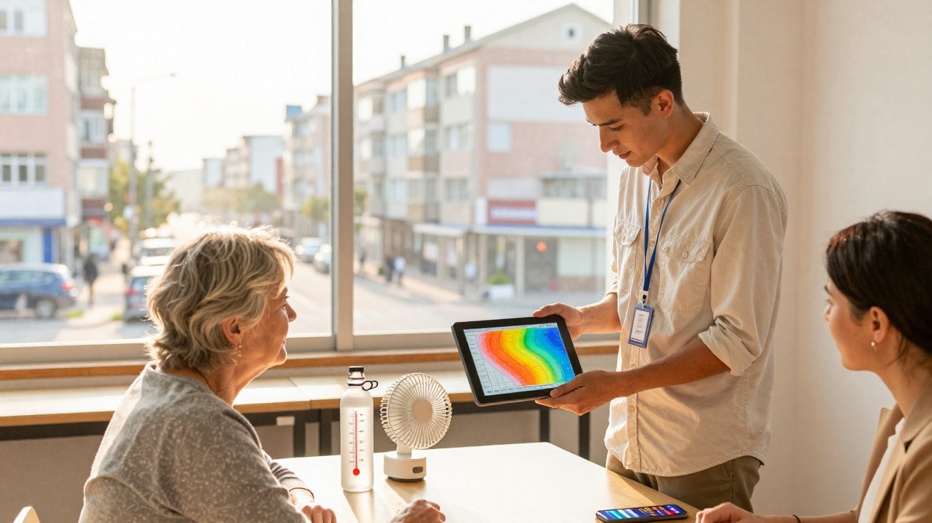 Homem mostra gráfico colorido em tablet para duas mulheres em ambiente iluminado por janela grande.