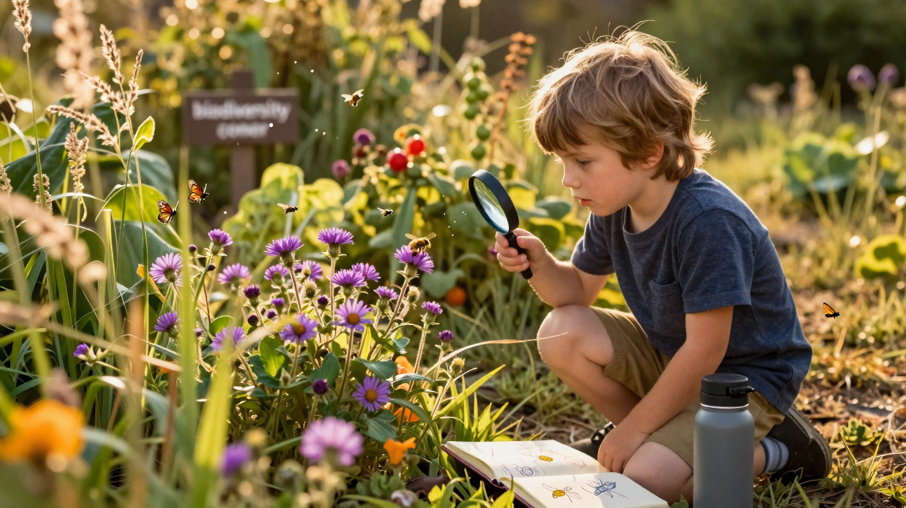 Criança observa flores e insetos com lupa em jardim, com livro e garrafa ao lado.