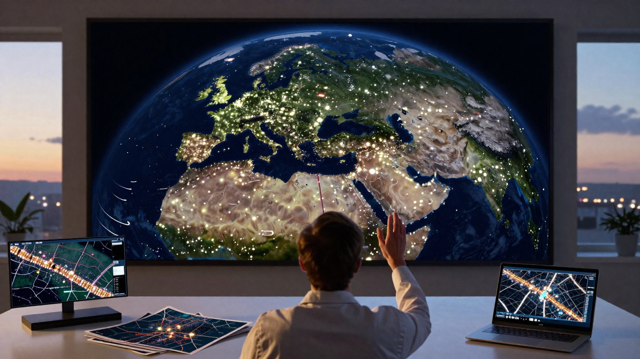 Pessoa em sala moderna analisando mapas digitais e um globo terrestre iluminado em grande tela.