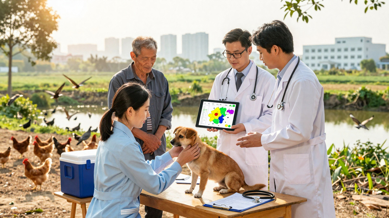 Veterinários examinam cachorro em mesa ao ar livre com fazendeiro e galinhas ao fundo.
