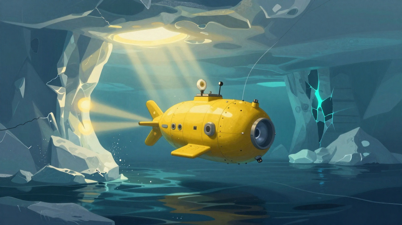 Submarino amarelo explorando uma caverna subaquática iluminada por raios de luz natural.