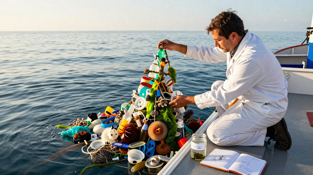 Homem em traje branco coleta amostras de poluição plástica no mar a partir de barco com caderno aberto ao lado.