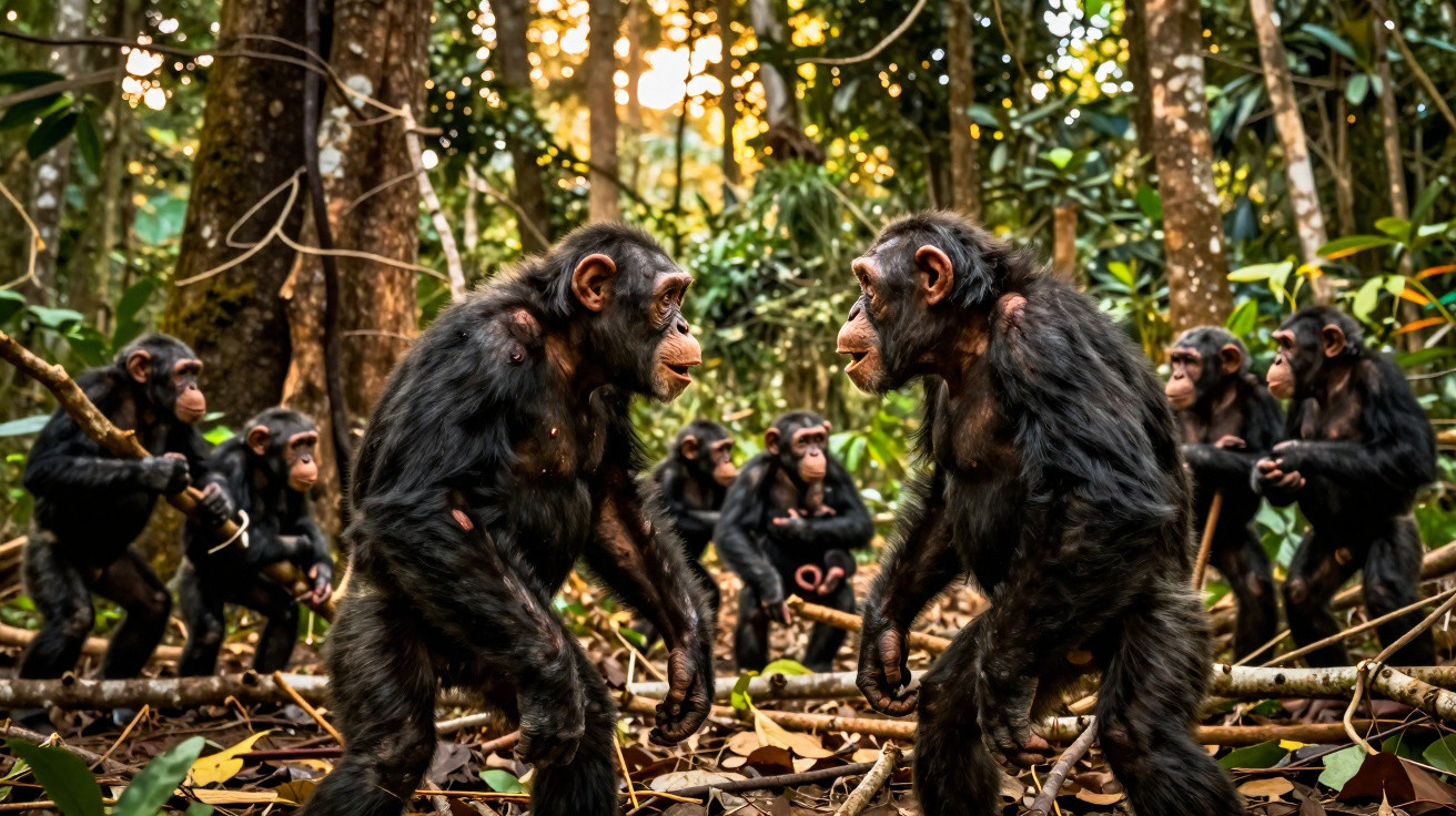 Grupo de chimpanzés interagindo em floresta com plantas e árvores ao fundo.