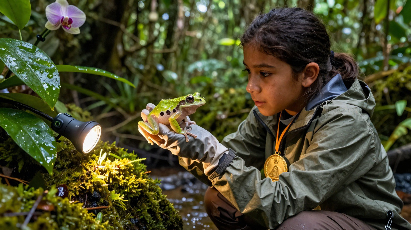 Criança com medalha segura sapo verde em ambiente úmido, com planta e orquídea ao fundo iluminada por lanterna.