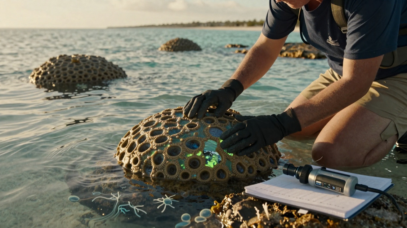 Pessoa com luvas manipula estrutura esférica submersa em água rasa, com equipamento e caderno ao lado.