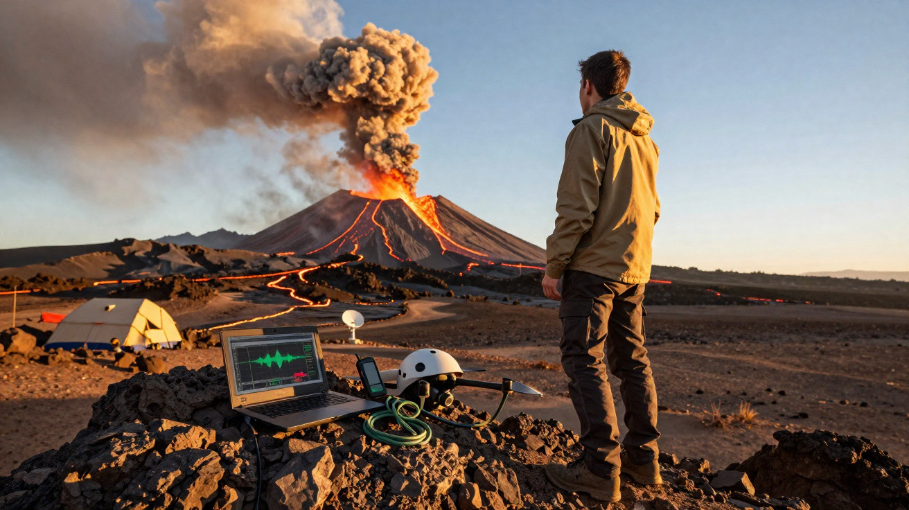 Pessoa observa vulcão em erupção com laptop, capacete e equipamento em terreno rochoso ao entardecer.