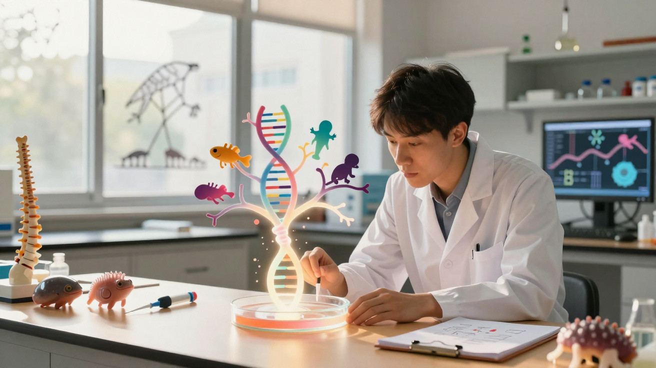 Pesquisador em laboratório analisa DNA holográfico com elementos de evolução e biologia marinha.