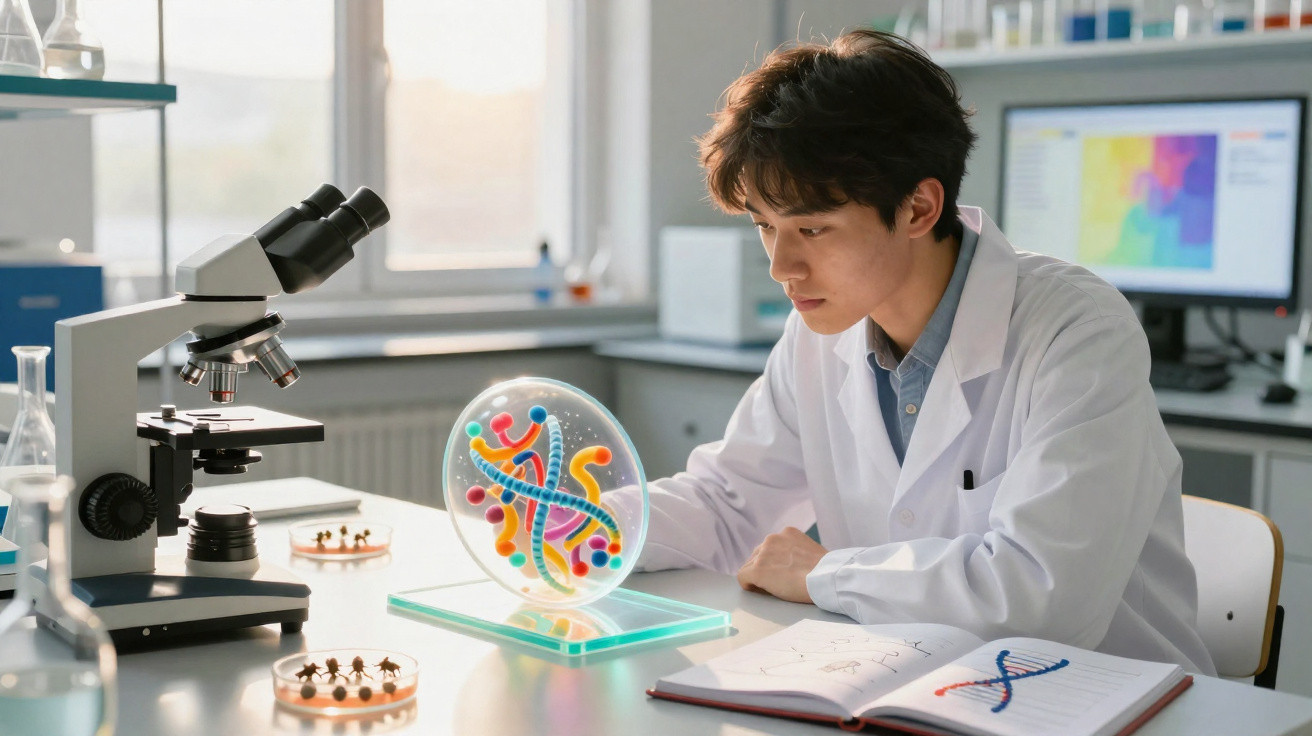 Cientista em laboratório observando modelo 3D de DNA ao lado de microscópio e caderno aberto com desenho genético.