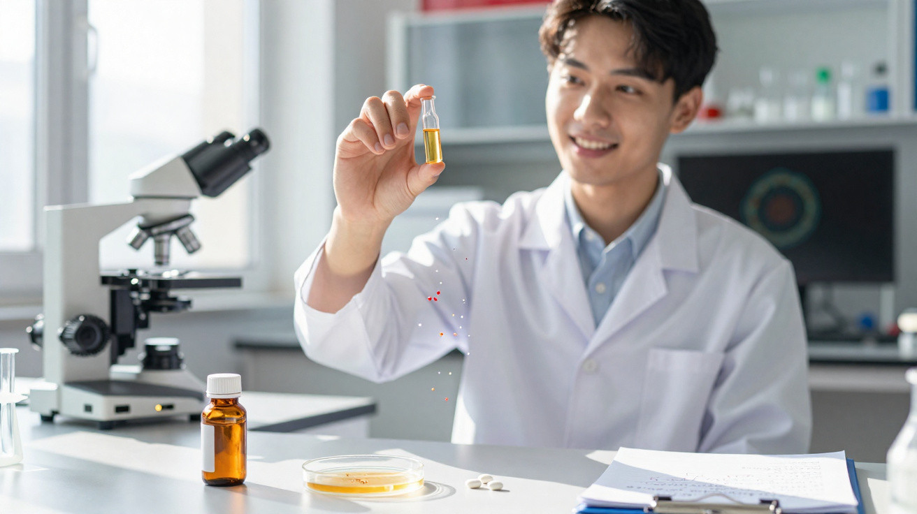 Cientista em laboratório segurando frasco com líquido amarelo e analisando substância.