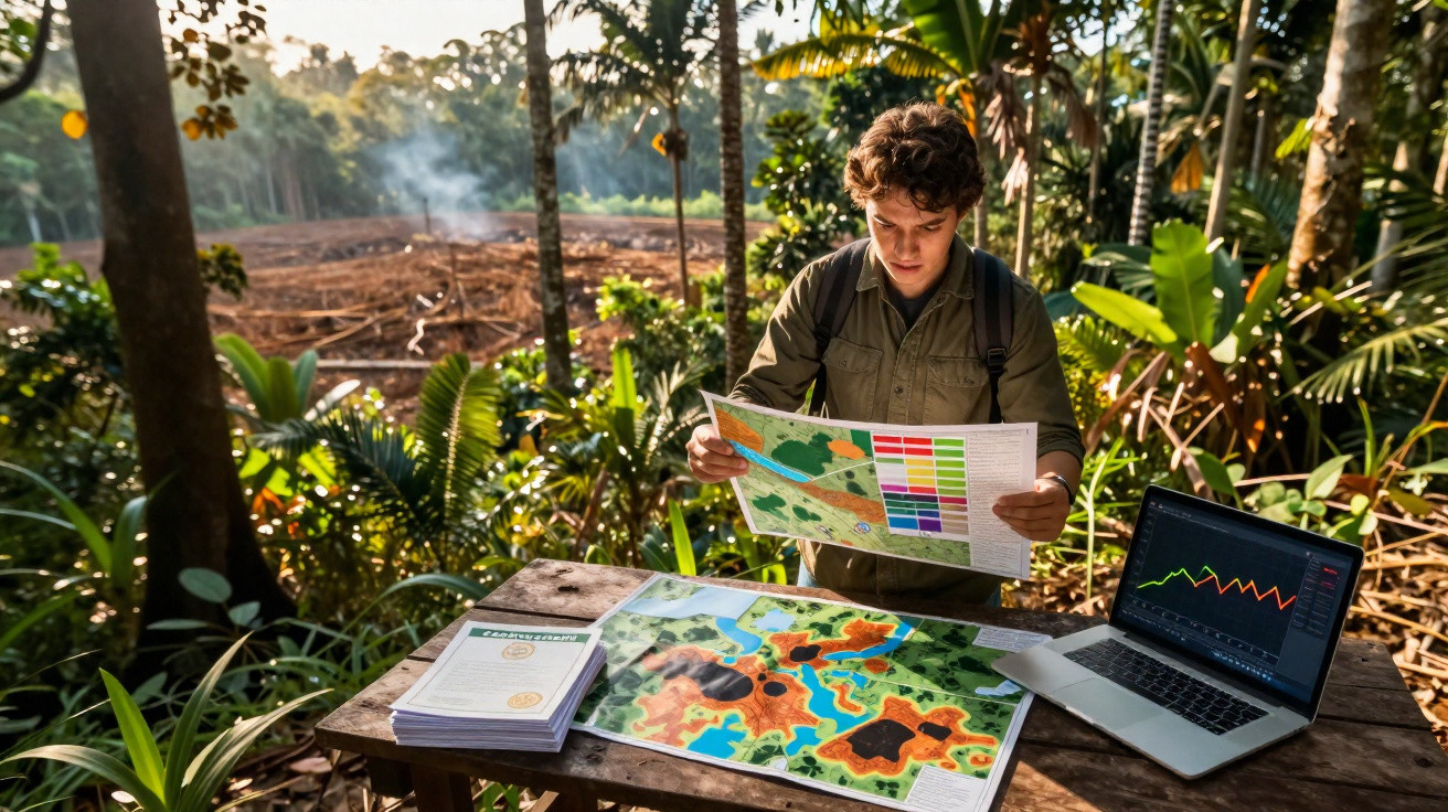 Jovem analisa mapas ambientais em mesa na floresta, com área queimada ao fundo e laptop com gráficos.