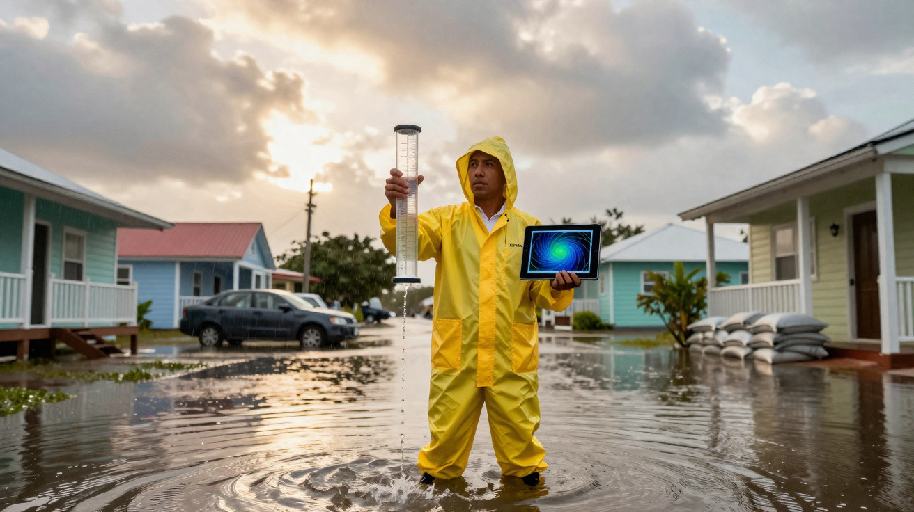 Homem de capa amarela mede chuva em rua alagada segurando tablet com imagem de furacão.