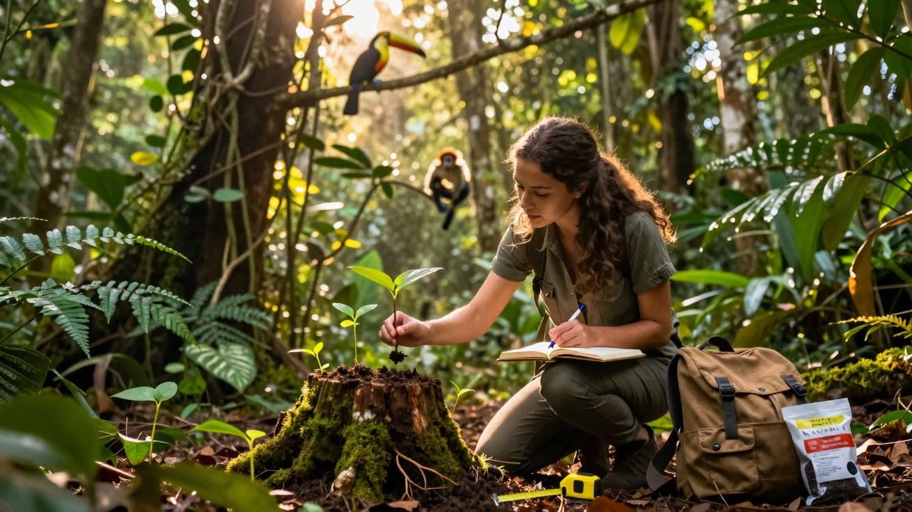 Mulher em floresta estudando uma muda de planta enquanto anota informações, com tucano e macaco ao fundo.