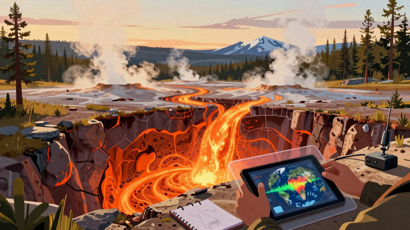 Pessoa monitora erupção vulcânica com lava e fumaça em área florestal usando tablet e equipamentos de medição.