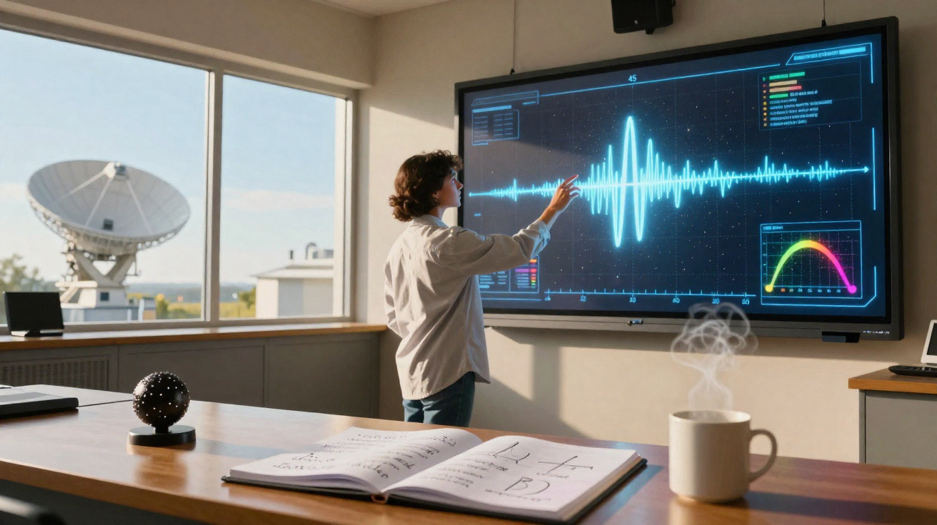 Pessoa interagindo com tela digital exibindo gráfico de ondas sonoras em sala com antena parabólica.