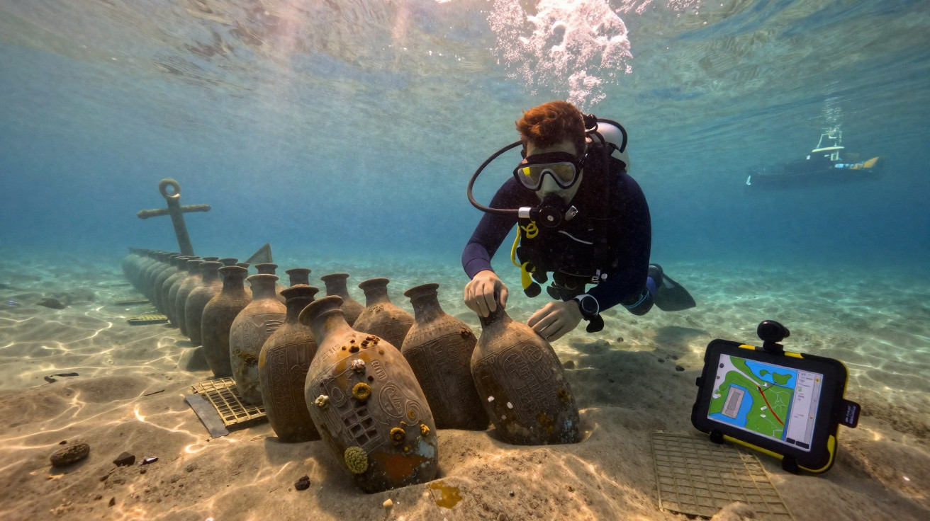 Mergulhador explorando ânforas submersas alinhadas no fundo do mar, com equipamento e tablet à direita.