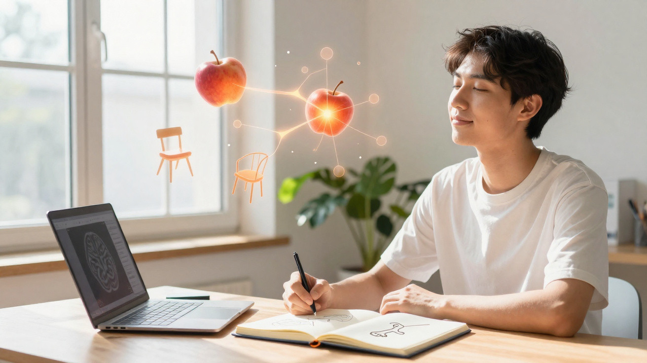Homem sorrindo e escrevendo em caderno com hologramas de maçãs e cadeiras ao redor.