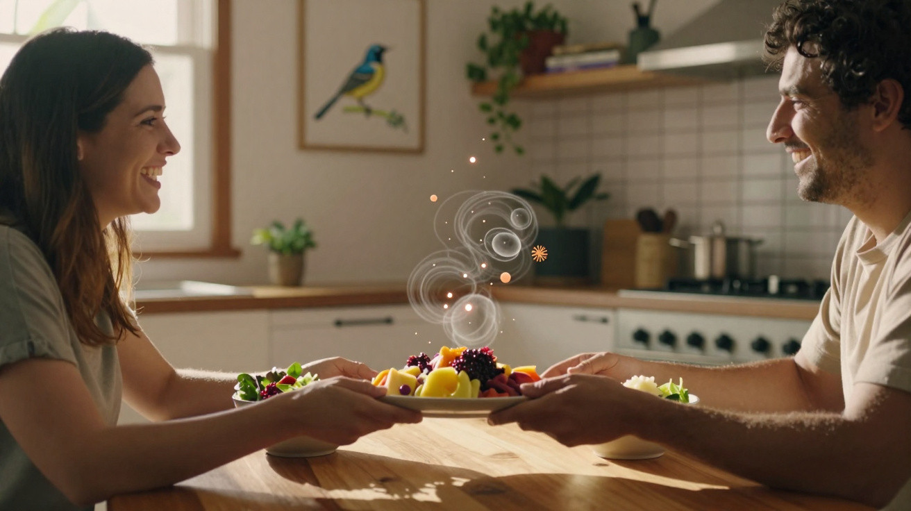 Casal sorridente trocando pratos com frutas em mesa de cozinha iluminada pelo sol.