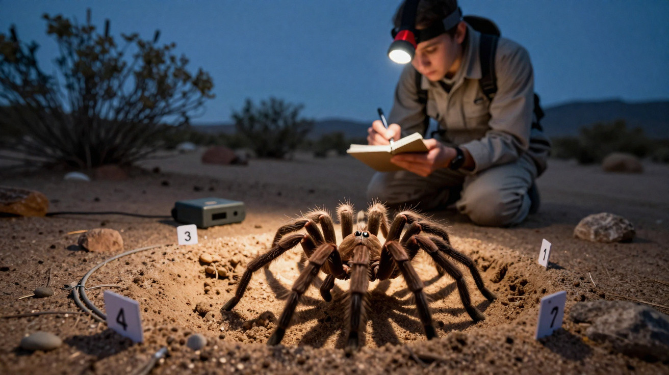 Especialista em campo registra dados ao observar tarântula em seu habitat natural à noite no deserto.