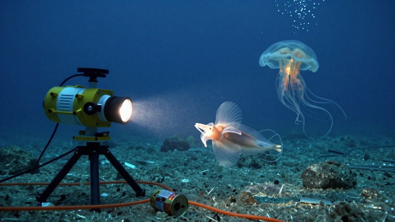 Iluminação subaquática focada em peixe e água-viva no fundo do oceano com objetos espalhados.