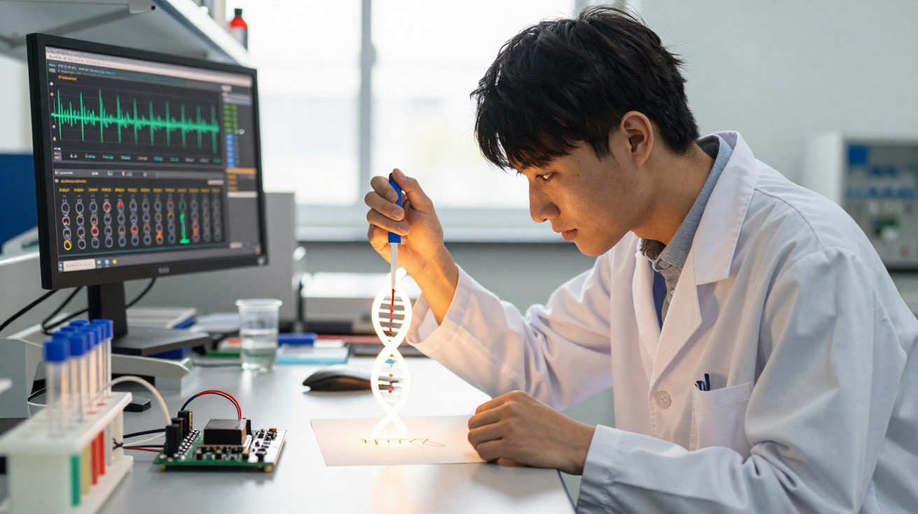 Cientista em laboratório usa pipeta para manipular modelo 3D de DNA com tela de computador ao fundo.