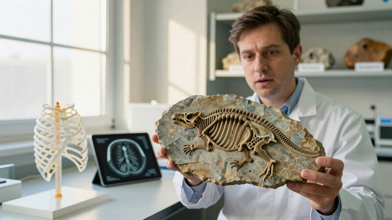 Pesquisador em laboratório segurando fóssil de esqueleto de dinossauro em placa de pedra.