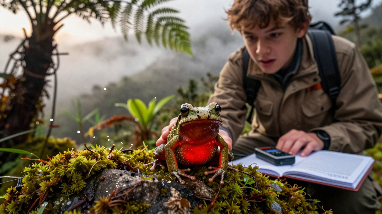 Jovem observa de perto um sapo de garganta vermelha em ambiente natural úmido com plantas e neblina.