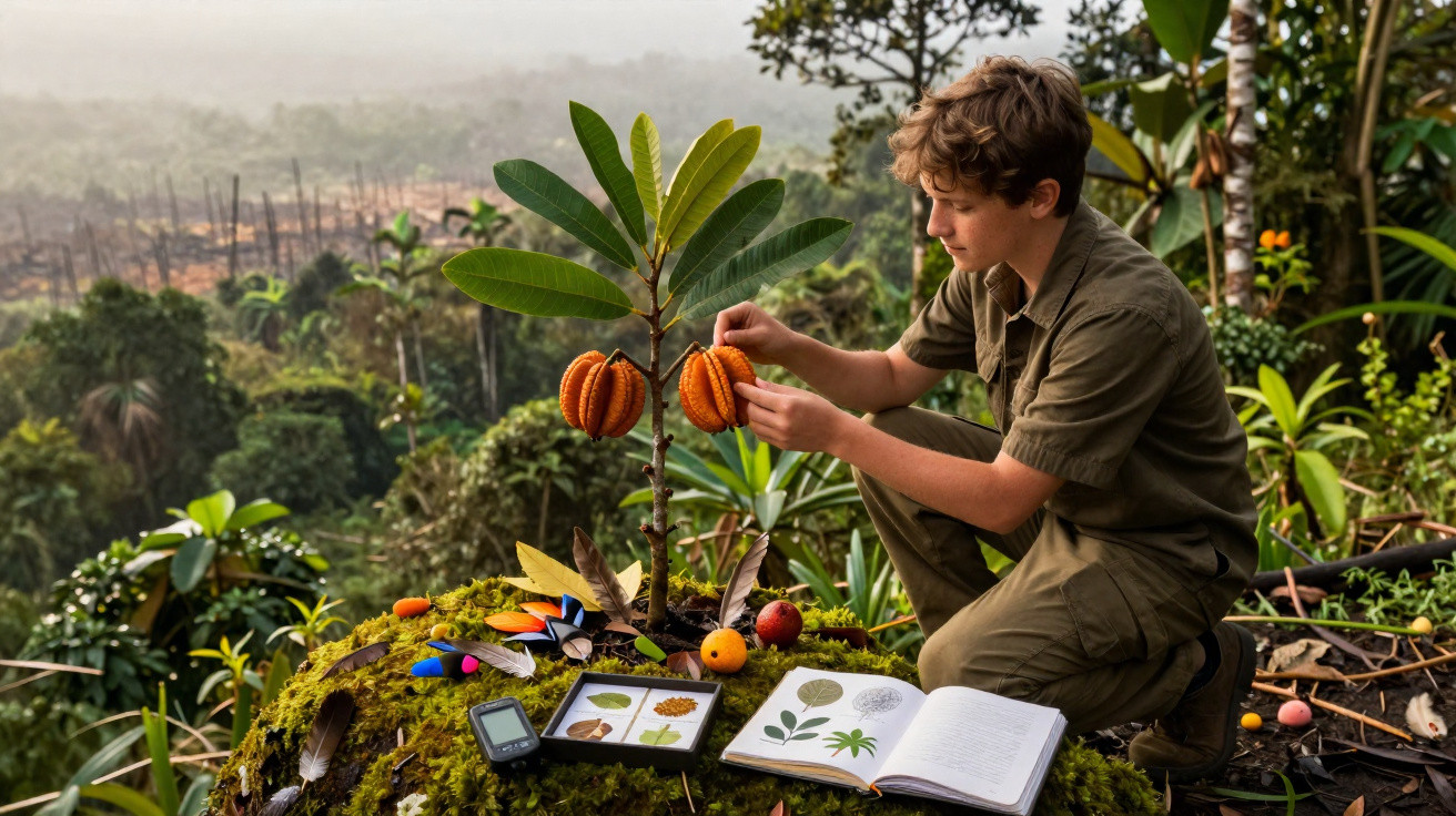 Jovem em trilha na floresta analisando fruto laranja em planta, com livros e objetos botânicos ao redor.