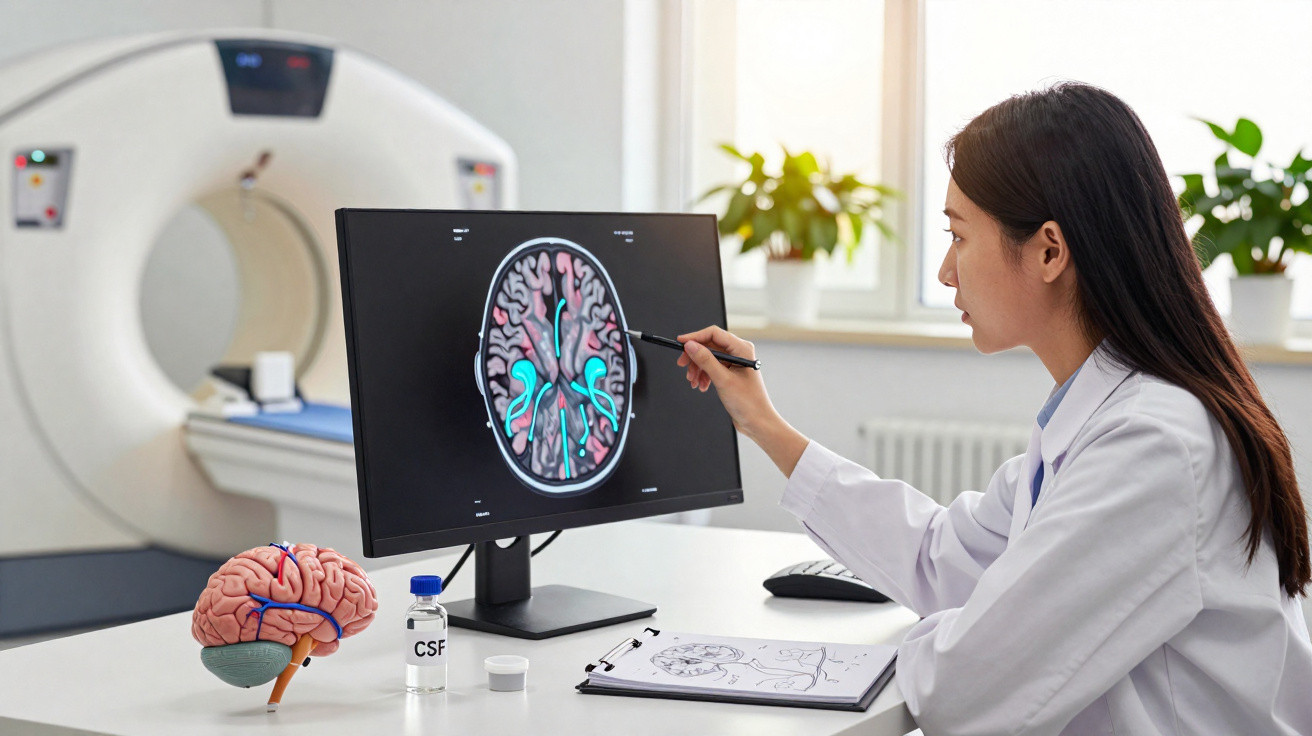 Médica analisando imagem digital colorida de cérebro em tomografia computadorizada em consultório.