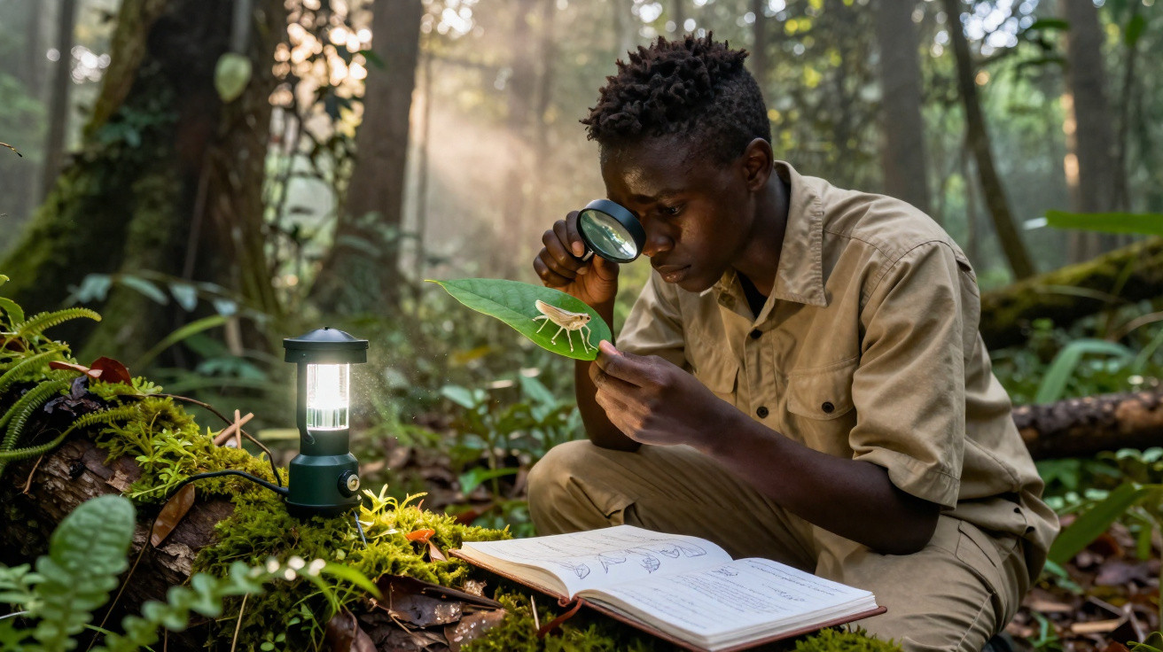 Jovem cientista observa inseto com lupa em folha, com livro aberto, lanterna e vegetação na floresta.