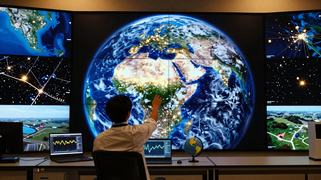 Pessoa frente a várias telas com imagem da Terra, gráficos e conexões de rede digital.