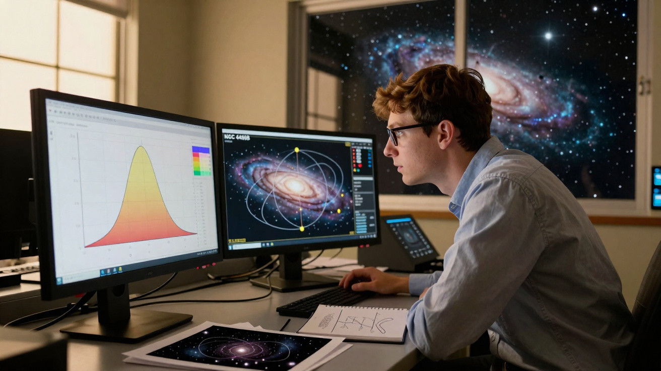 Jovem cientista analisa dados e imagens de galáxias em múltiplos monitores em laboratório de astronomia.